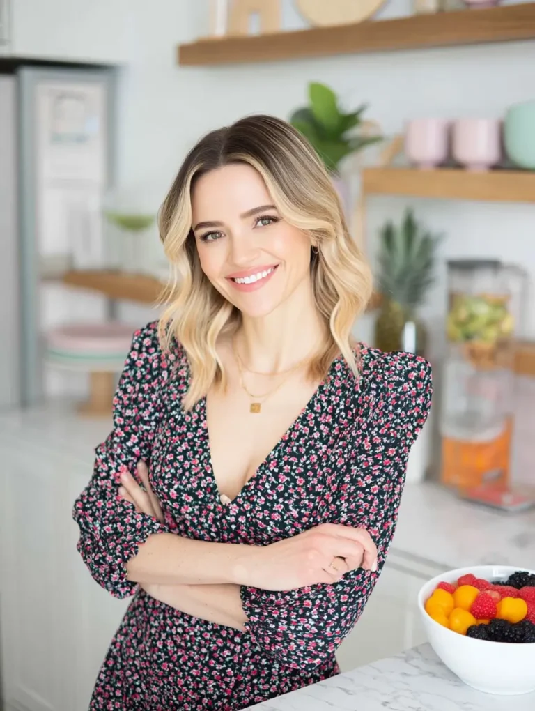 A smiling chef in a floral dress with arms crossed, standing in a modern kitchen filled with fresh fruits and decorative elements.