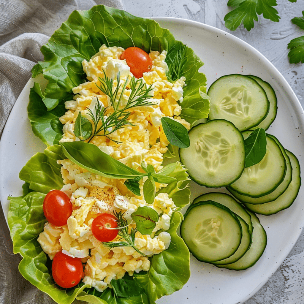 Cottage cheese egg salad in lettuce wraps with fresh veggies
