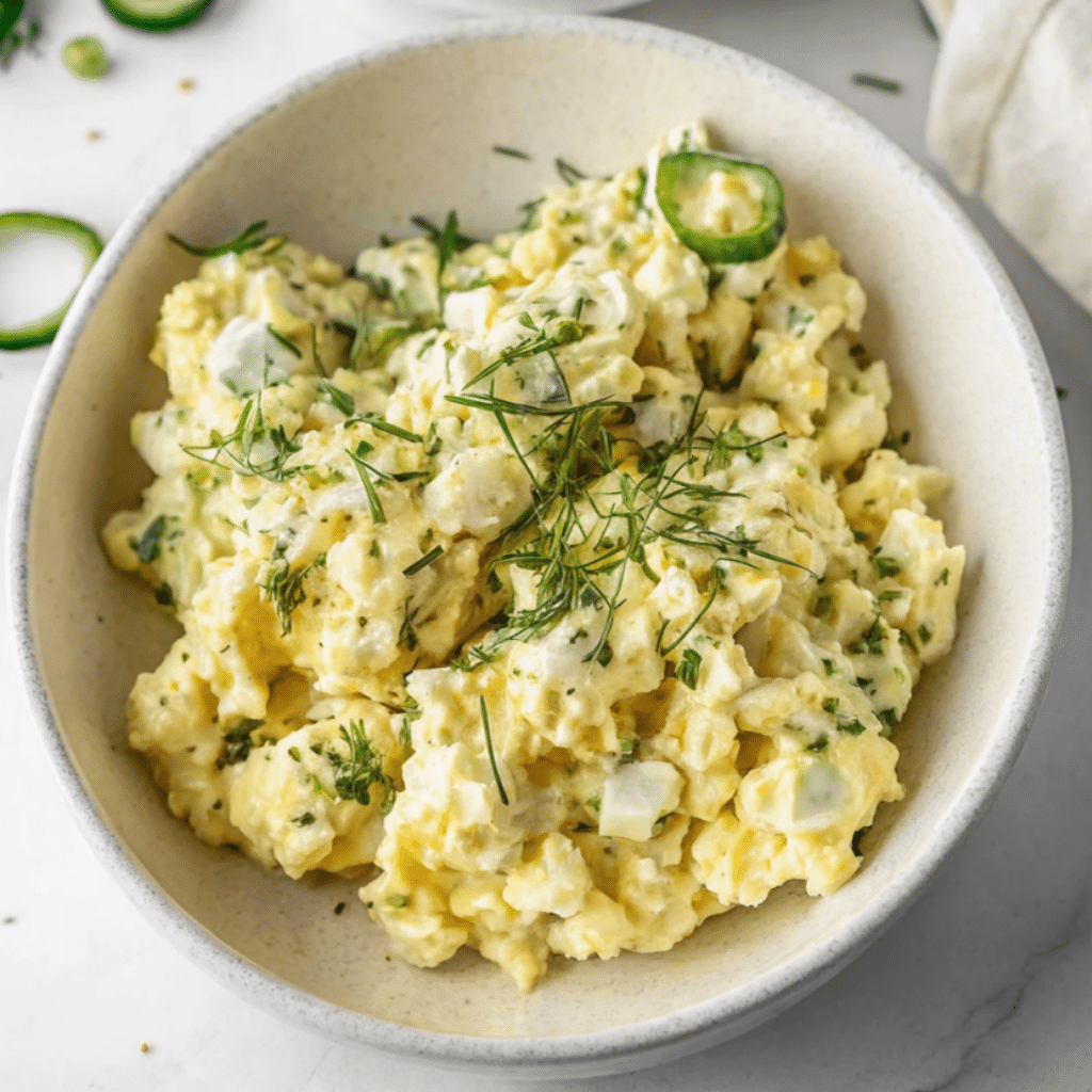 Bowl of creamy cottage cheese egg salad with fresh herbs and cucumbers on a white background