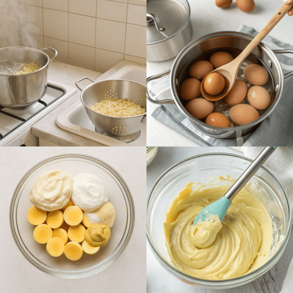 Step-by-step collage for making deviled egg pasta salad: boiling macaroni, cooking eggs, prepping yolks with mayo and mustard, and mixing the creamy dressing
