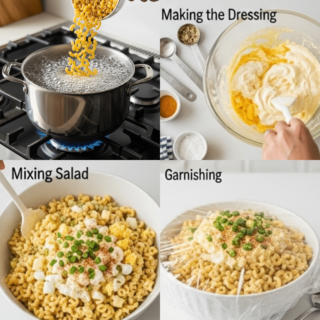 Step-by-step guide to making Deviled Egg Macaroni Salad – boiling pasta, preparing creamy dressing, mixing ingredients, and garnishing with green peas and paprika.
