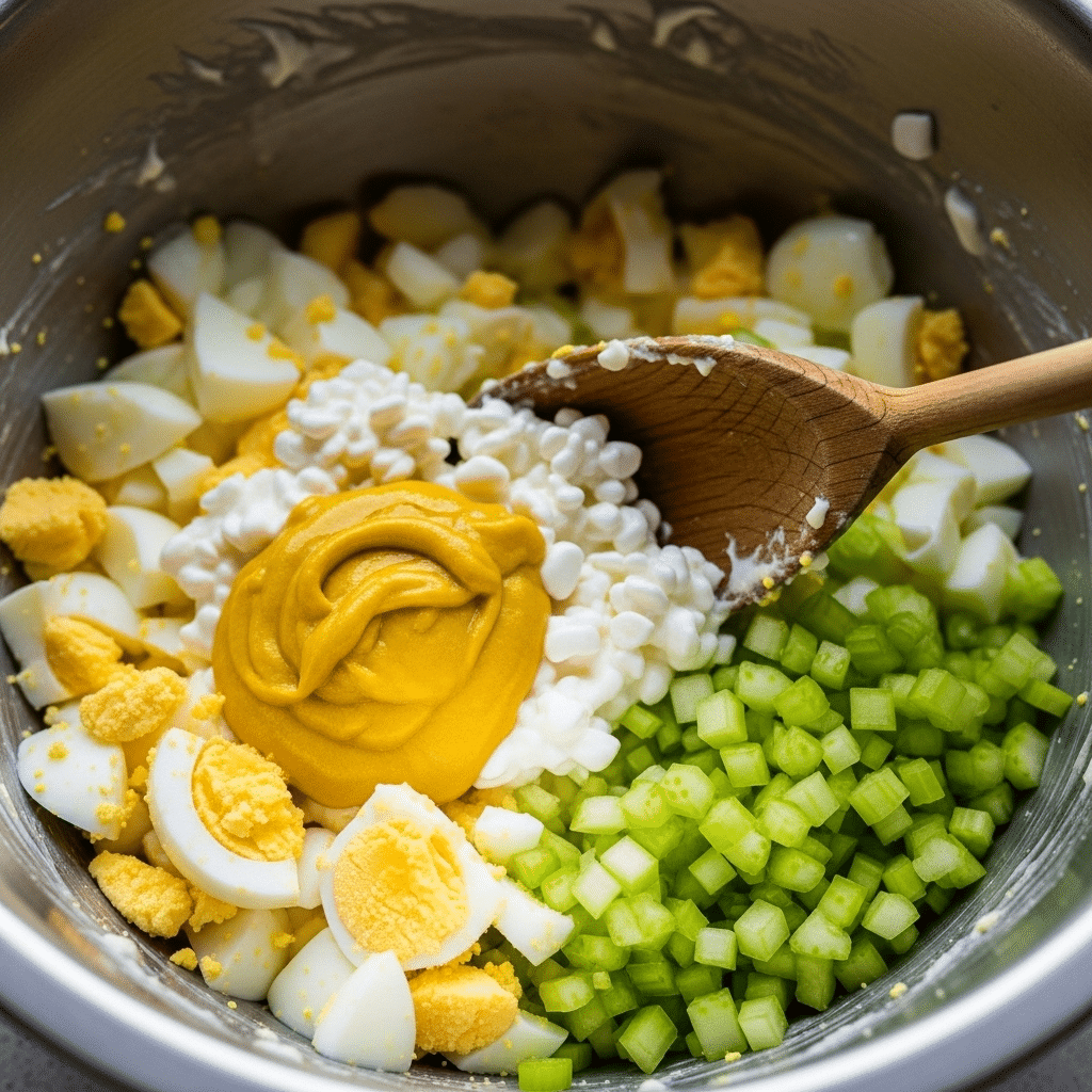 Stirring together ingredients for cottage cheese egg salad