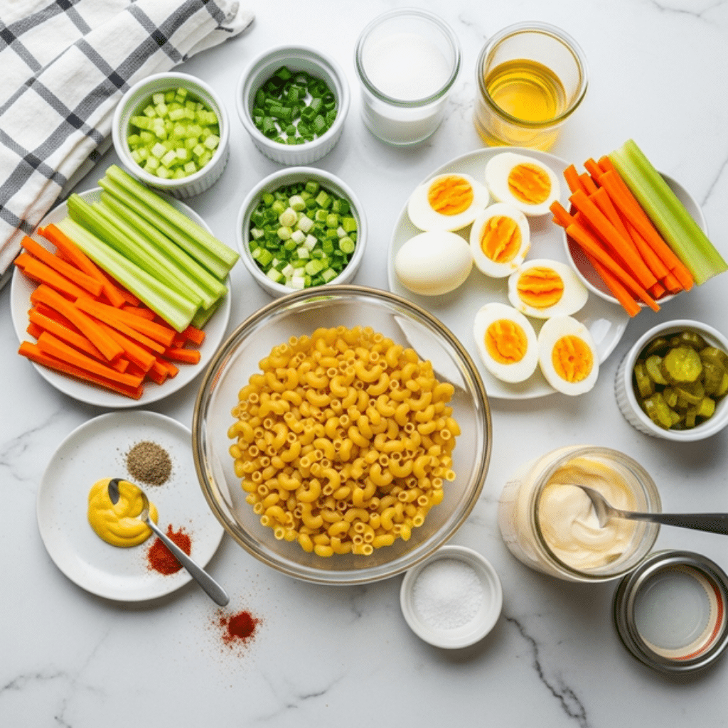 Overhead view of ingredients for deviled egg macaroni salad, including elbow pasta, hard-boiled eggs, celery, carrots, green onions, mayonnaise, pickles, mustard, and seasonings.