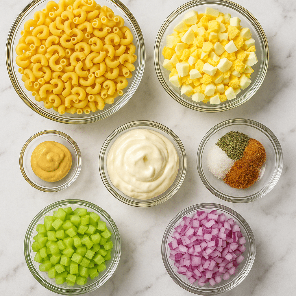 Bowls of ingredients for deviled egg pasta salad including elbow macaroni, chopped hard-boiled eggs, mayonnaise, mustard, red onion, celery, and spices