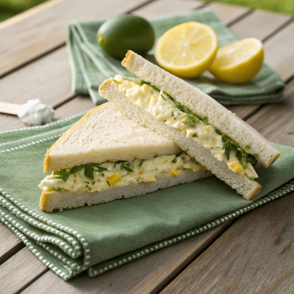 Egg salad sandwich on white bread with greens, served on a green napkin with lemon and lime, outdoor picnic setting