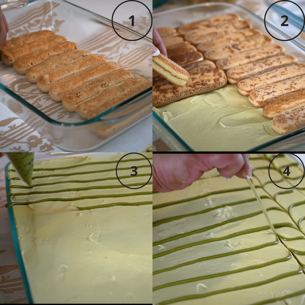 Assembling pistachio tiramisu in a glass dish with creamy layers