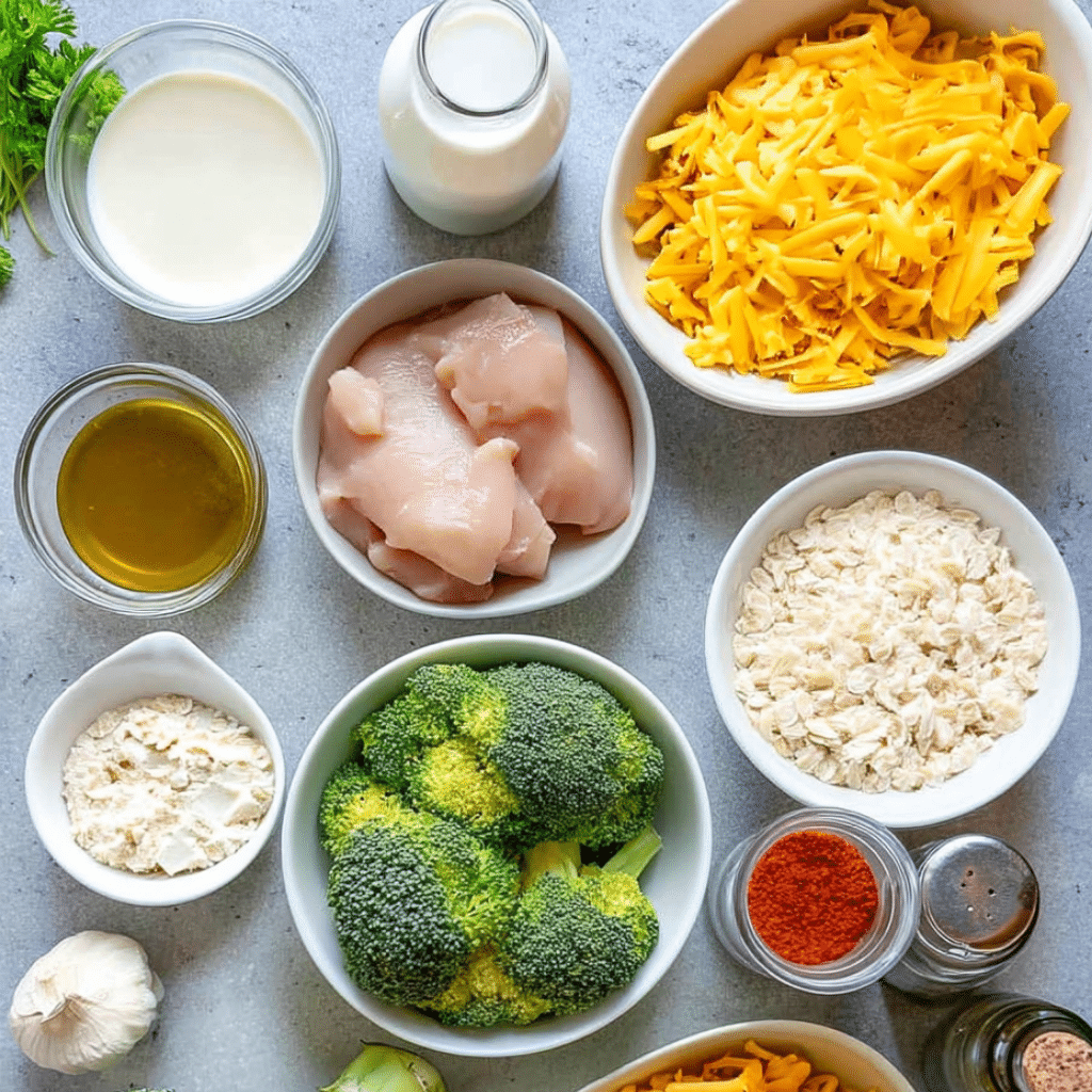 Ingredients for Chicken Broccoli Alfredo Bake Low Carb including raw chicken, broccoli, shredded cheddar cheese, cream, spices, and olive oil.