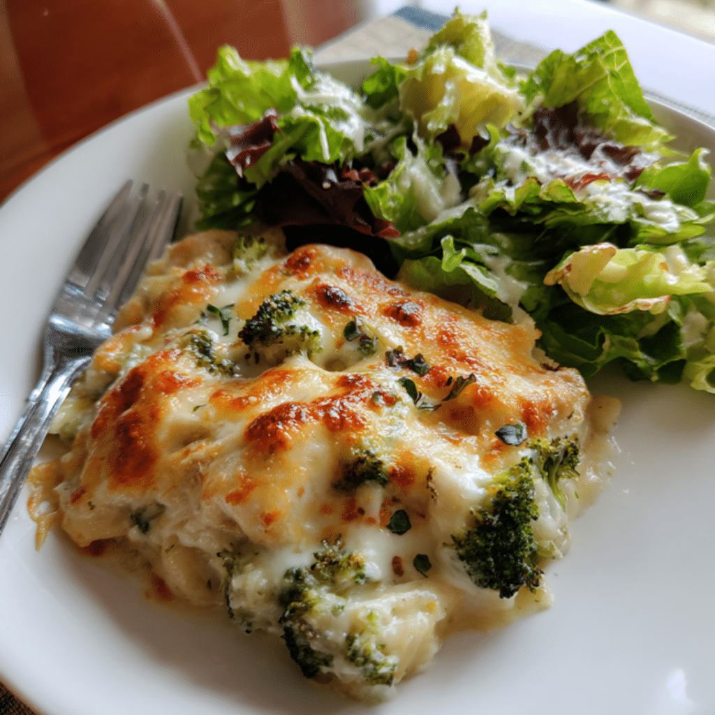 Baked Chicken Broccoli Alfredo Bake Low Carb casserole served with a fresh green salad on a white plate