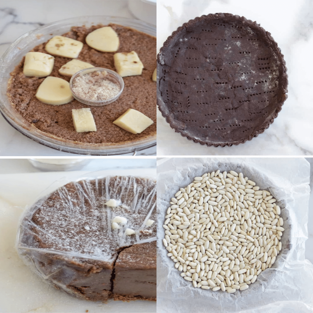 Step-by-step preparation of chocolate tart crust for pistachio tart with butter, dough, and blind baking