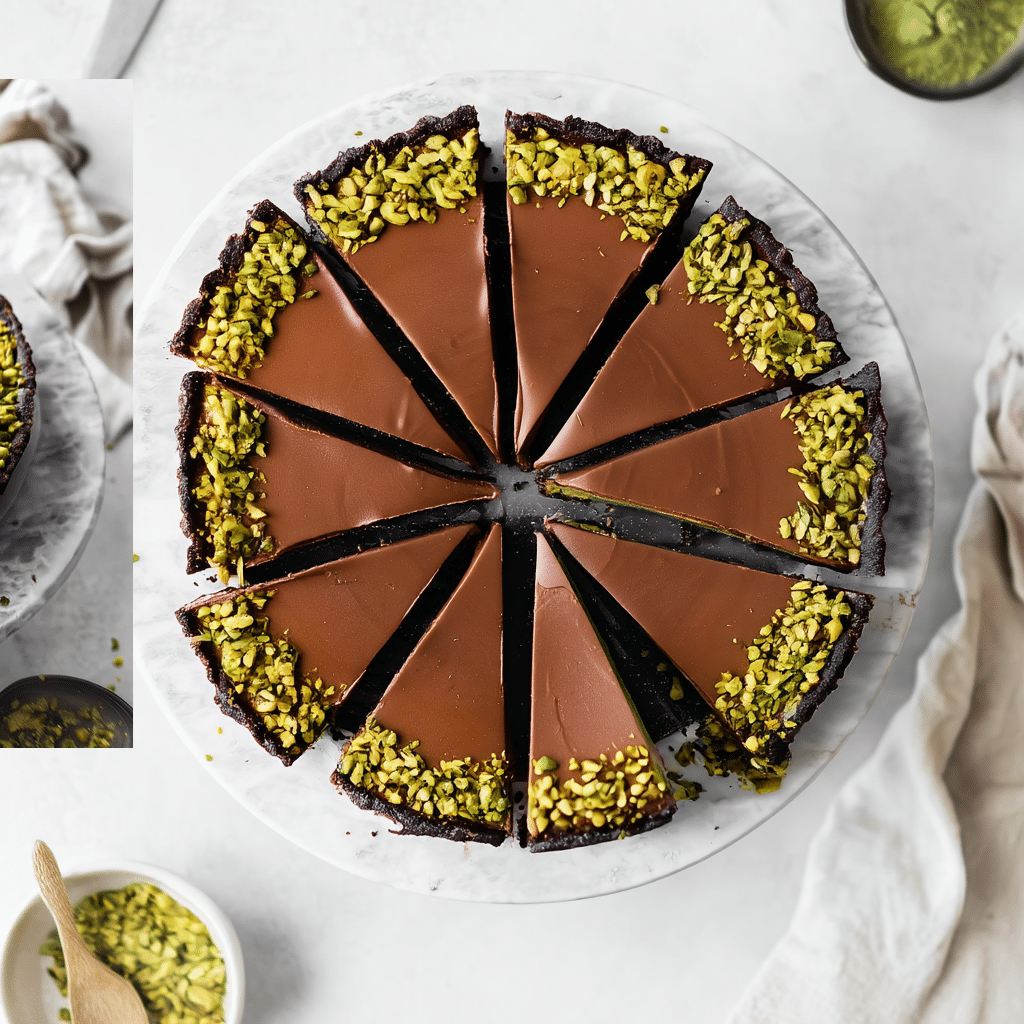 Top view of chocolate pistachio tart with crushed pistachio garnish