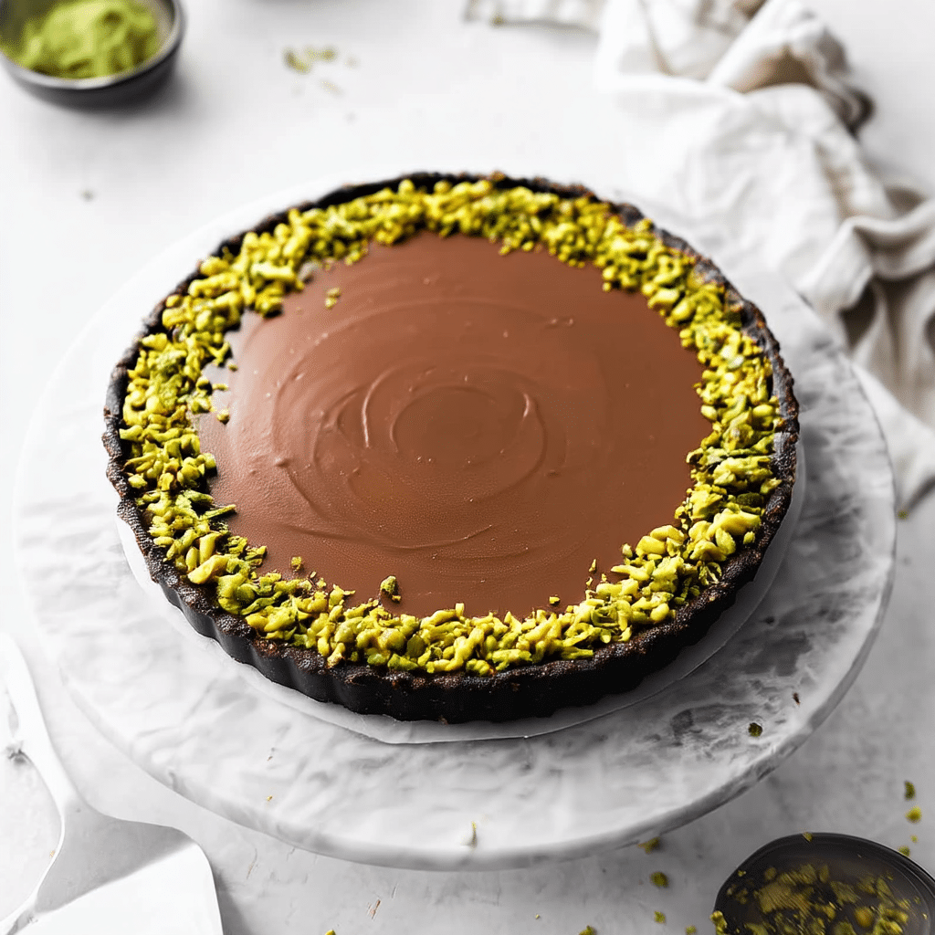 Rich chocolate pistachio tart with a dark cookie crust, topped with chopped pistachios, served on a marble cake stand