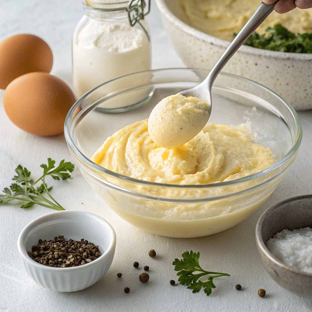 Mixing mashed eggs and mayonnaise to make Masters egg salad