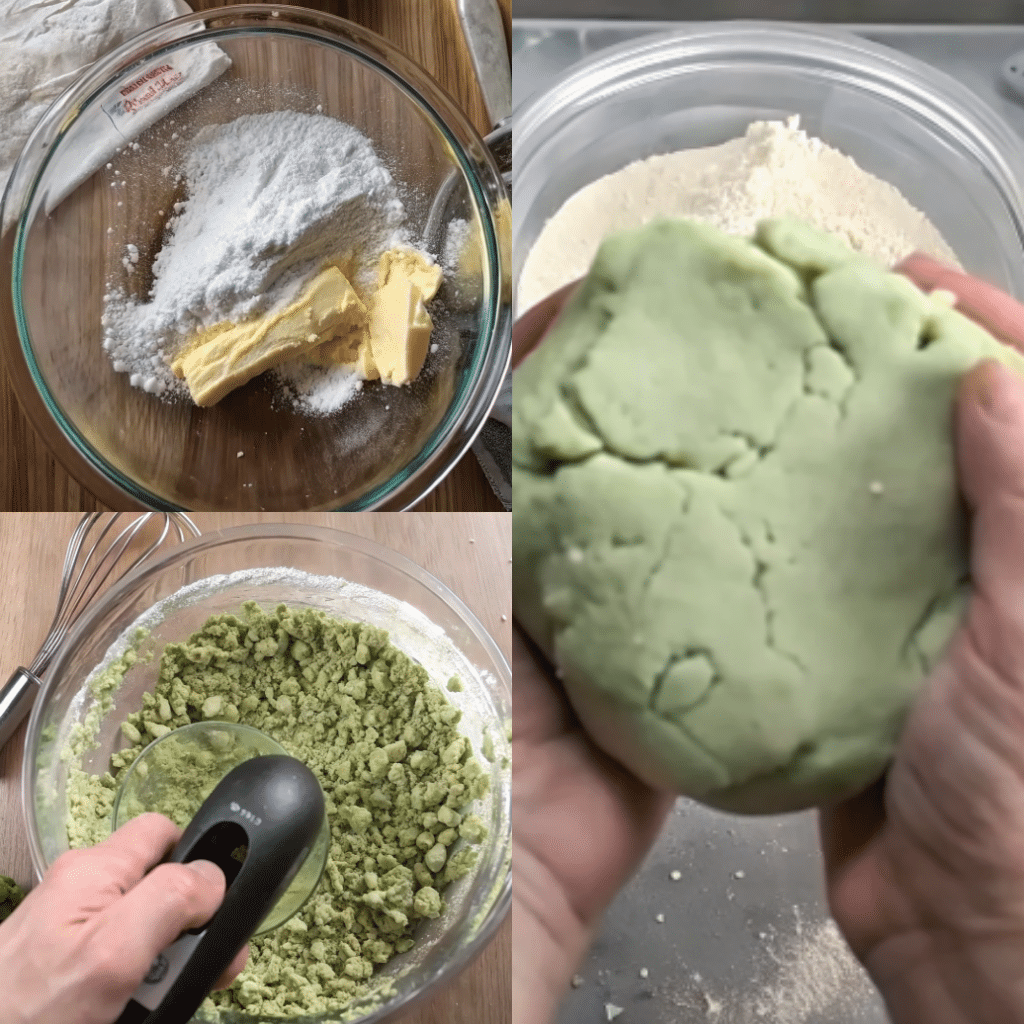 Step-by-step process of making pistachio wedding cookies