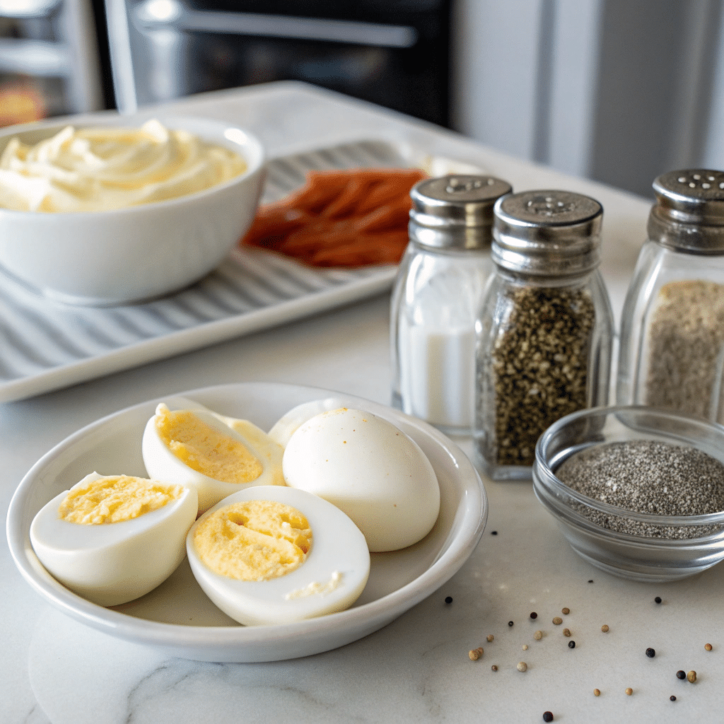 Ingredients for Masters egg salad laid out on a kitchen counter