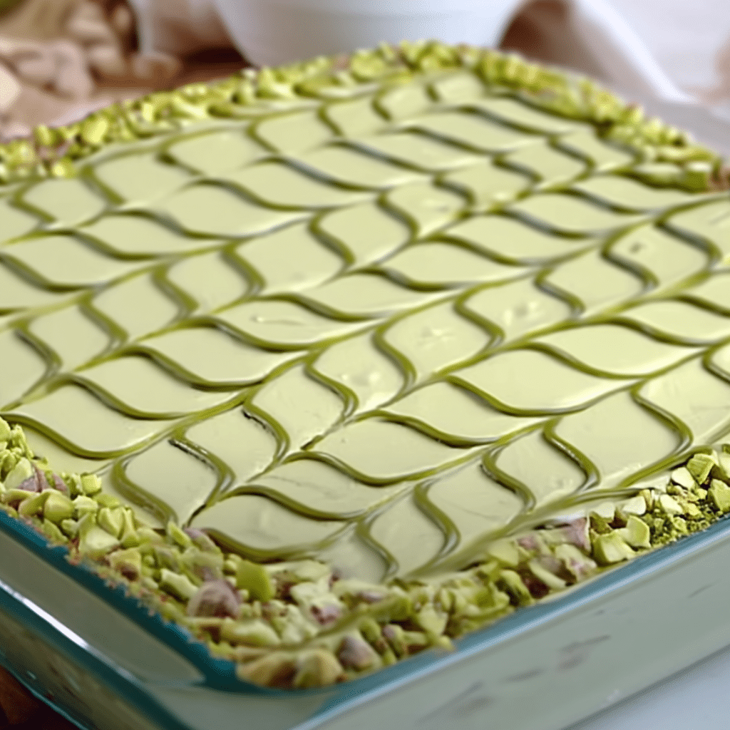 Layered pistachio tiramisu topped with a decorative green swirl pattern and crushed pistachios in a glass baking dish.