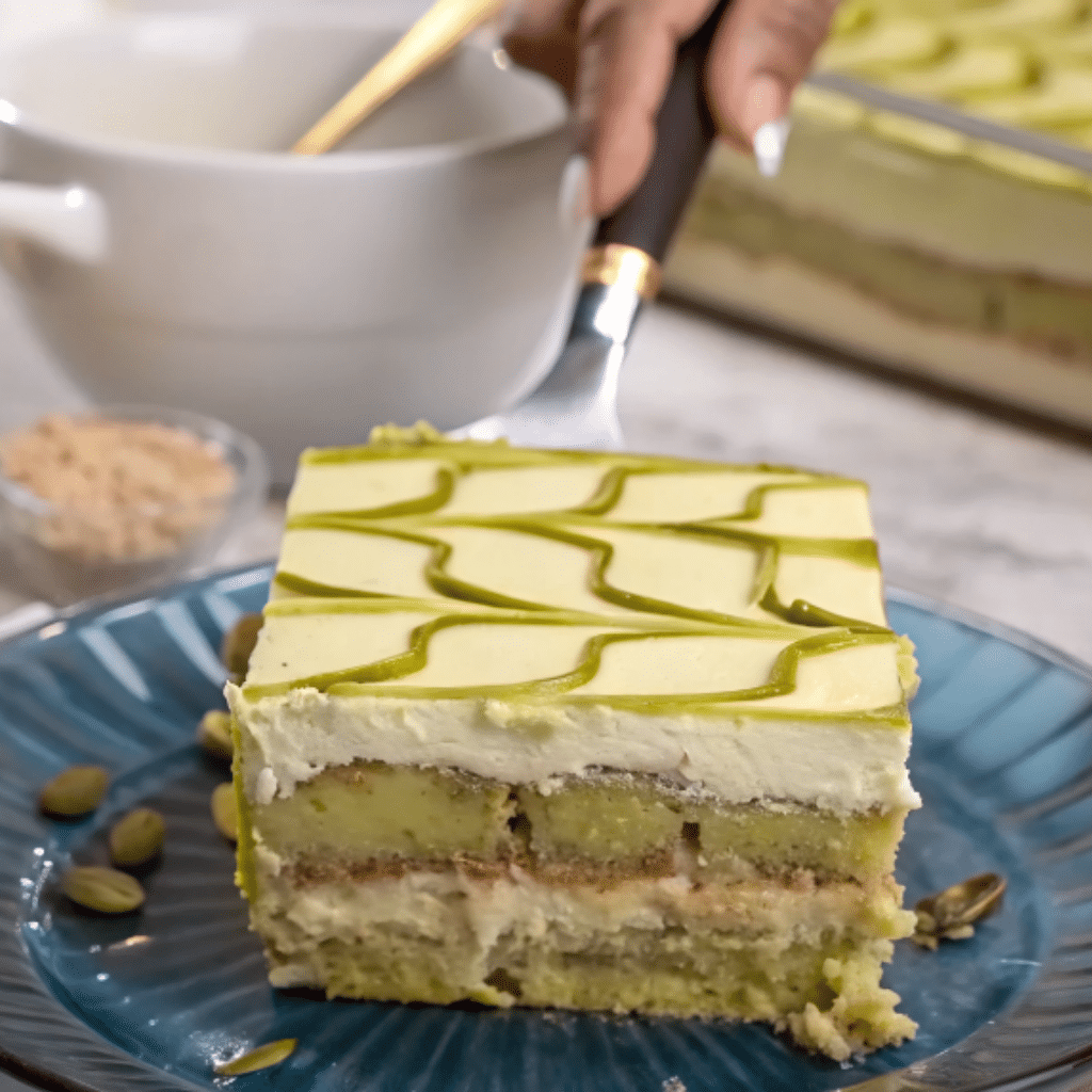 Close-up of a layered pistachio tiramisu slice with creamy mascarpone and pistachio filling, topped with a decorative green swirl pattern.