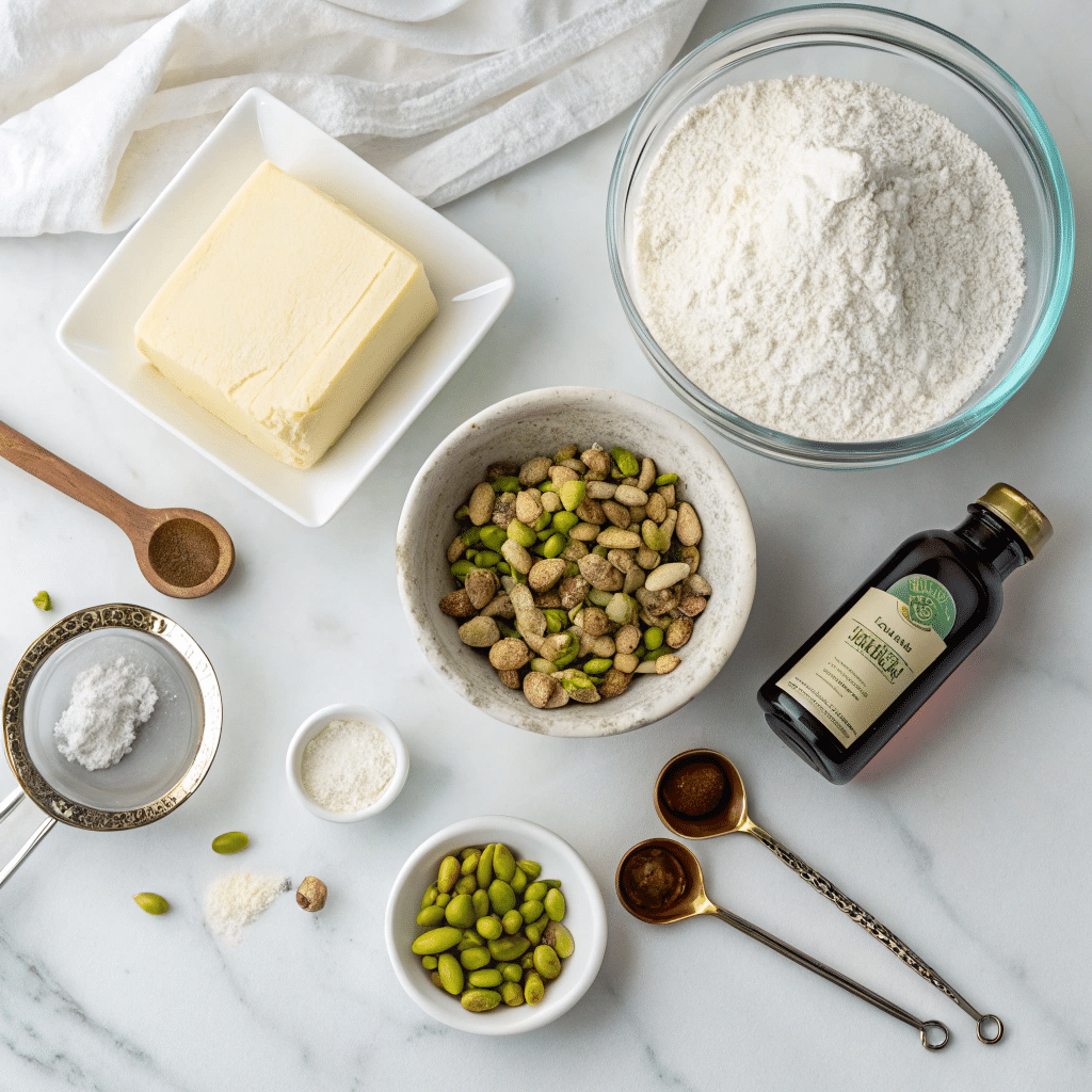 Ingredients for pistachio wedding cookies arranged on a white countertop