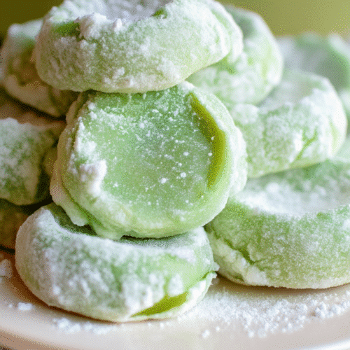 Pistachio wedding cookies stacked on a plate with powdered sugar