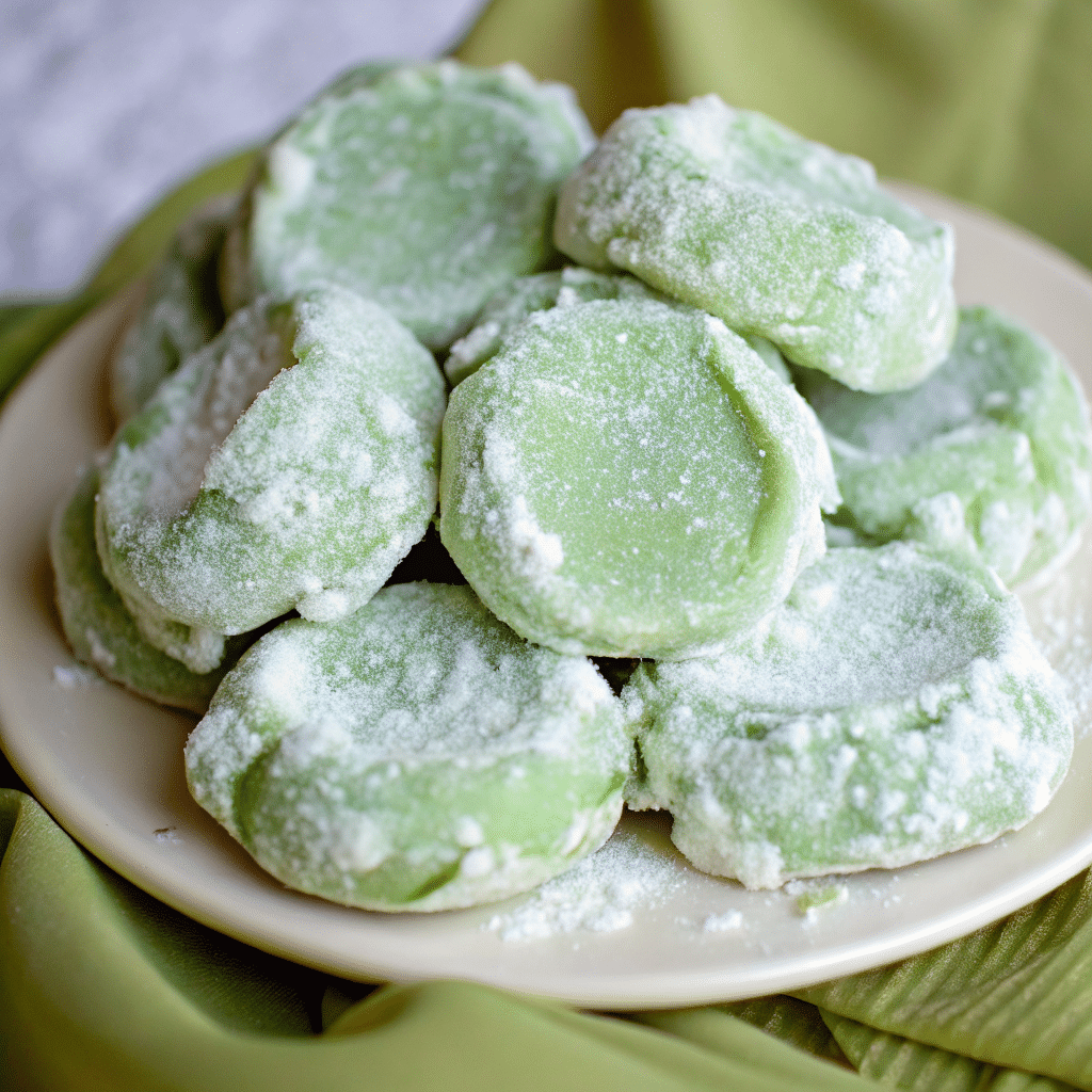 Green pistachio wedding cookies dusted with powdered sugar on a cream plate.