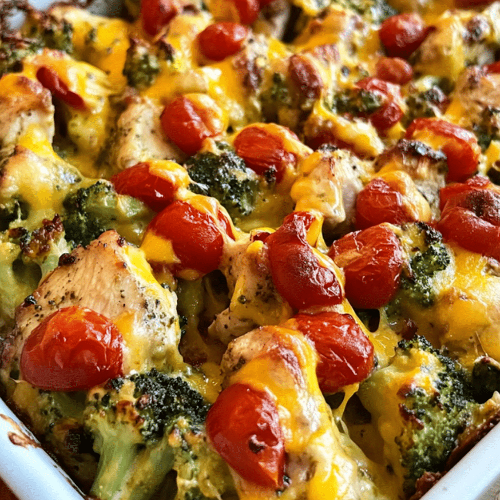 Close-up of a white baking dish filled with a low-carb casserole of chicken chunks, broccoli florets, and cherry tomatoes under a golden layer of melted cheese.