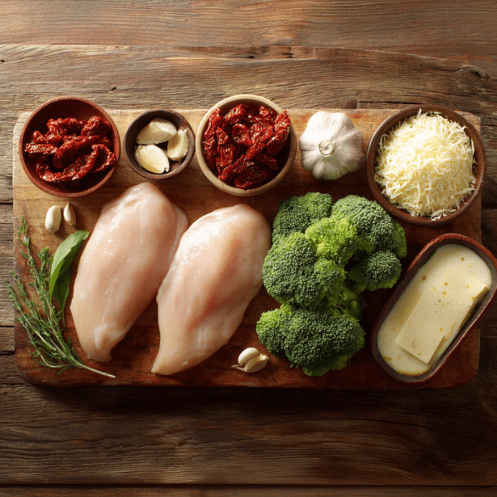 Overhead shot of a wooden cutting board holding two raw chicken breasts, broccoli florets, small bowls of sun-dried tomatoes and shredded cheese, garlic cloves, fresh herbs, and a dish of cream.