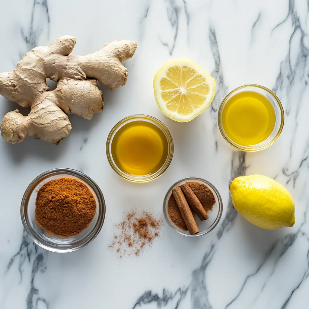 Ingredients for Natural Zepbound Recipe with apple cider vinegar, lemon, ginger, and cinnamon