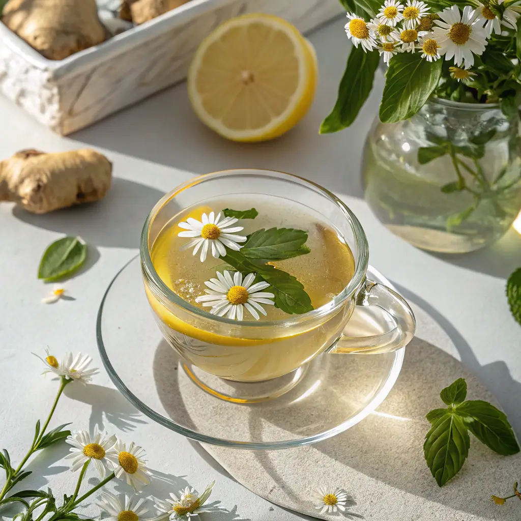 Cortisol tea recipe for weight loss with chamomile, lemon, and ginger