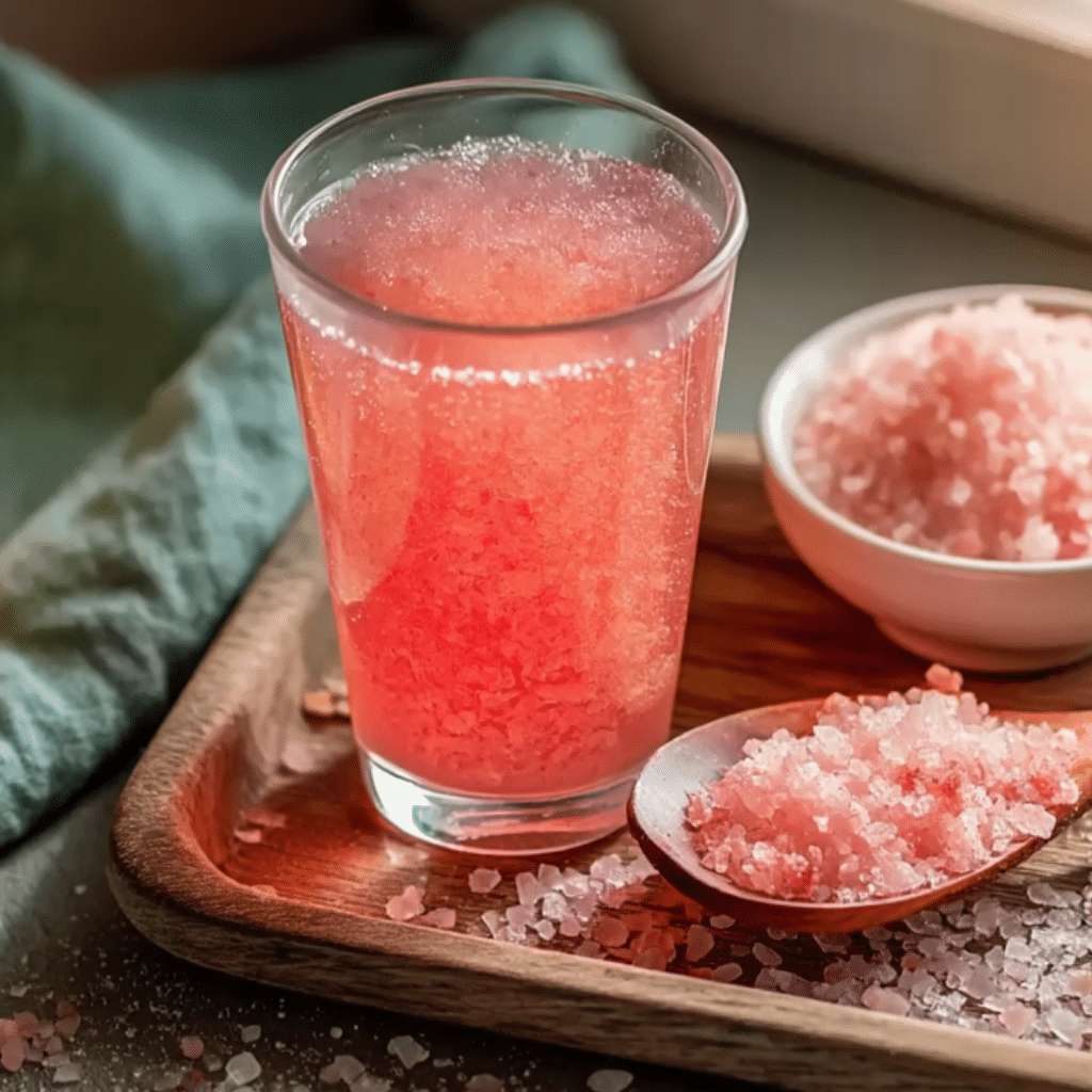 A refreshing glass of Japanese pink salt drink made with pink Himalayan salt crystals, promoting hydration and gut health.