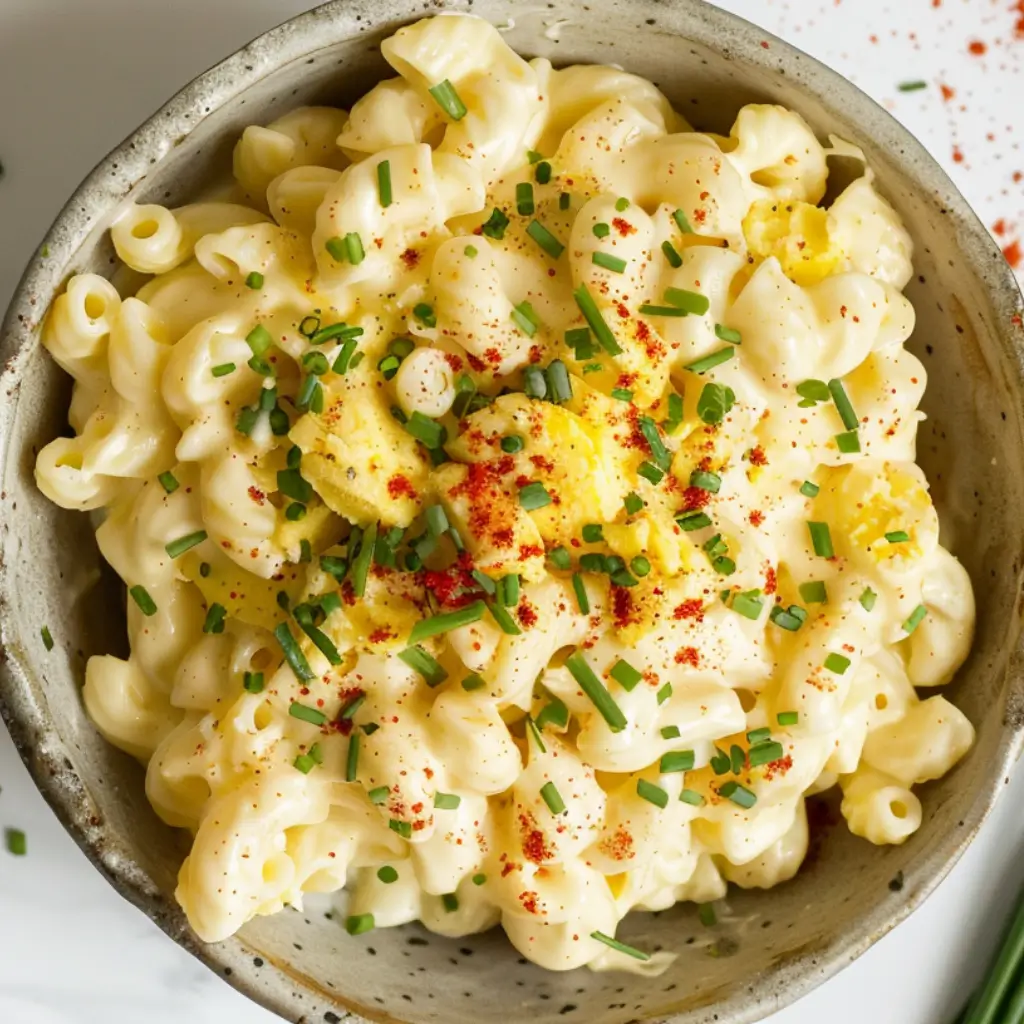 Close-up view of high-protein deviled egg pasta salad showing creamy texture with chopped hard-boiled eggs, fresh chives, and paprika seasoning