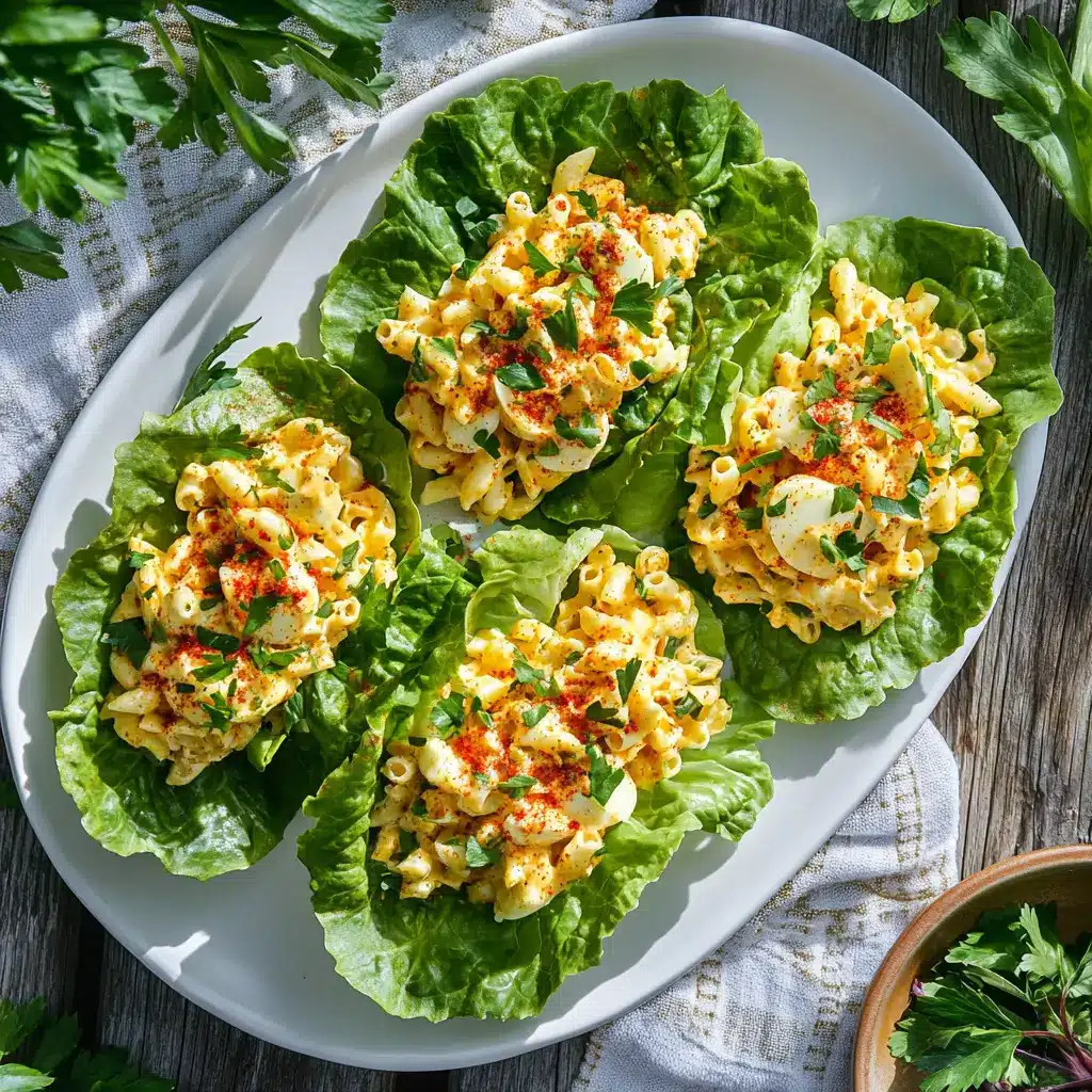 high-protein deviled egg pasta salad in lettuce wraps served on a platter
