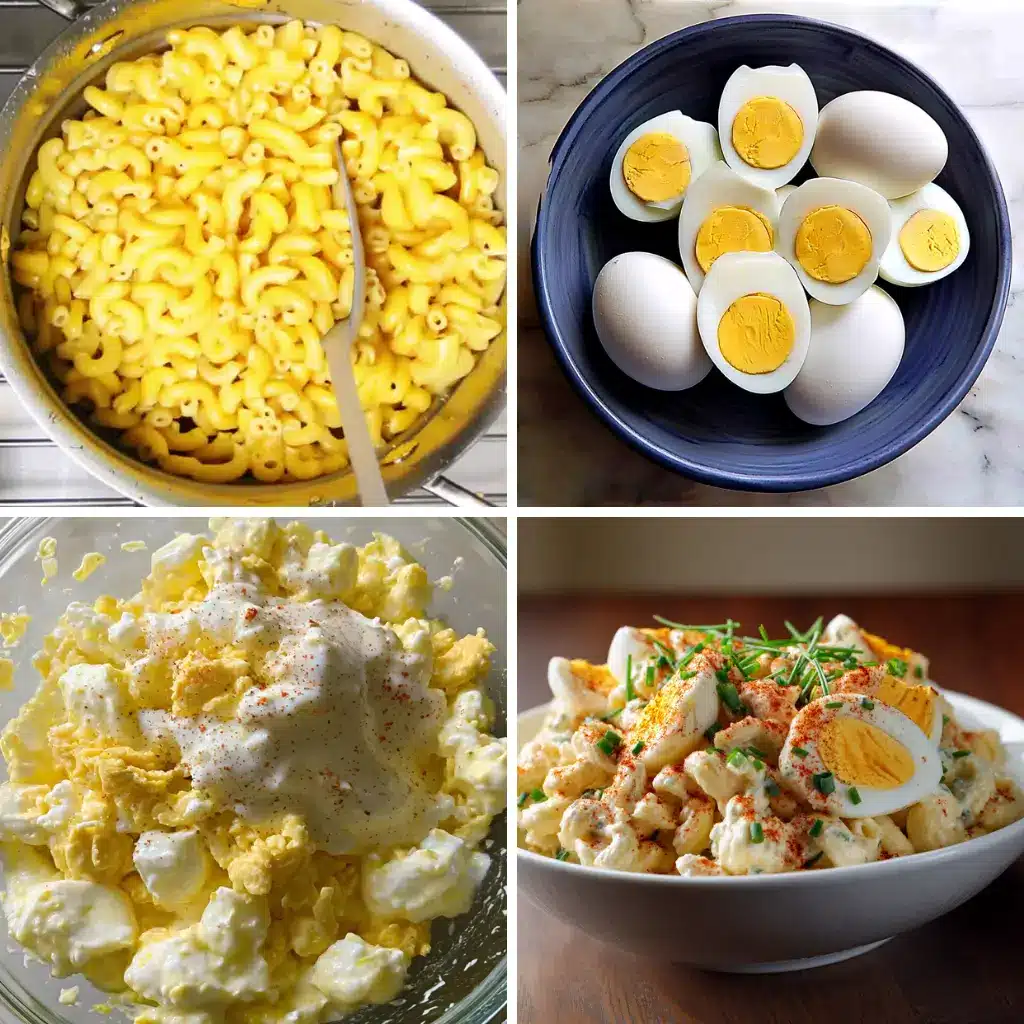 step-by-step preparation of high-protein deviled egg pasta salad with pasta, boiled eggs, dressing, and final dish