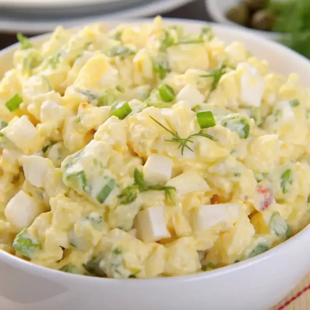 Bowl of high protein egg salad made with chopped boiled eggs, green onions, and dill, creamy and perfect for a healthy lunch or sandwich filling.