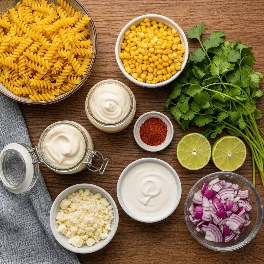 Overhead view of Mexican corn pasta salad ingredients, including rotini pasta, corn, mayonnaise, crema, cotija cheese, chili powder, cilantro, lime halves, and chopped red onion on a wooden table