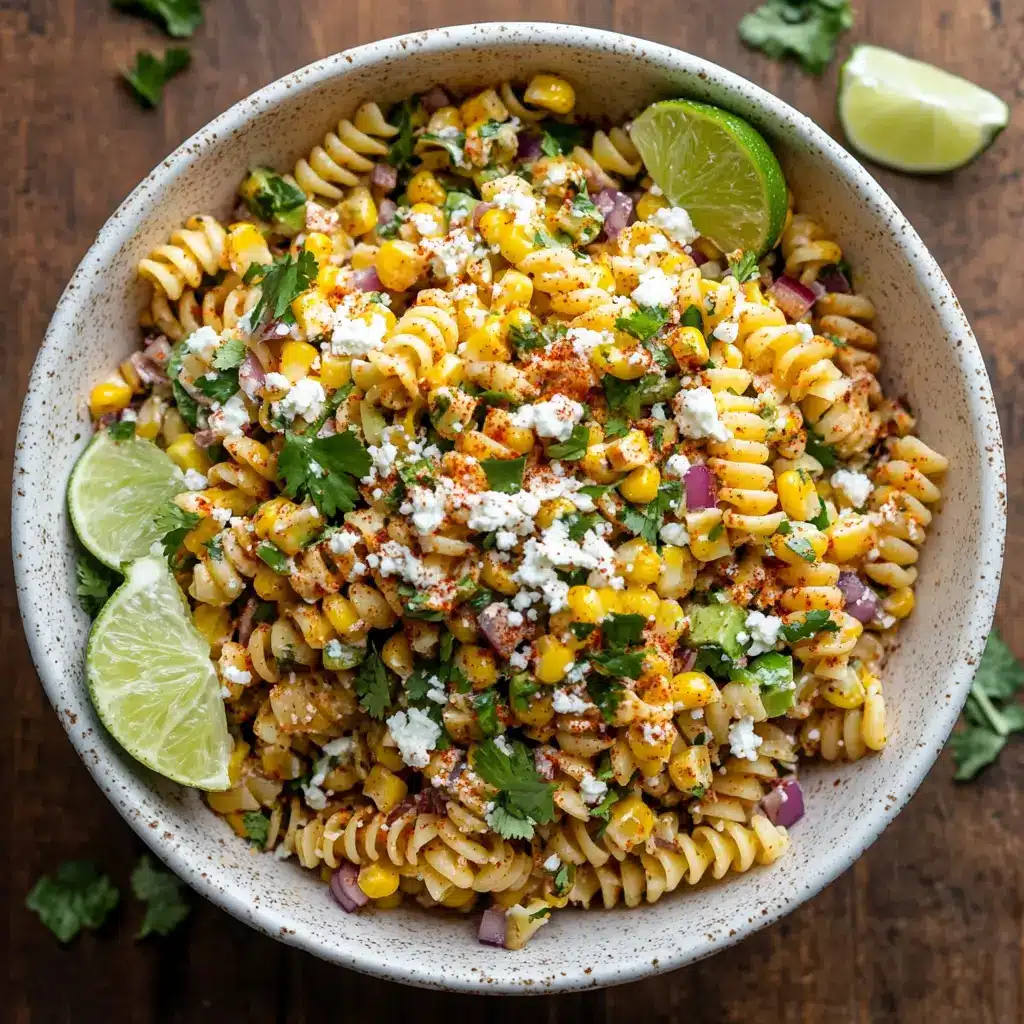 Mexican Street Corn Pasta Salad in a ceramic bowl with lime wedges and Cotija cheese