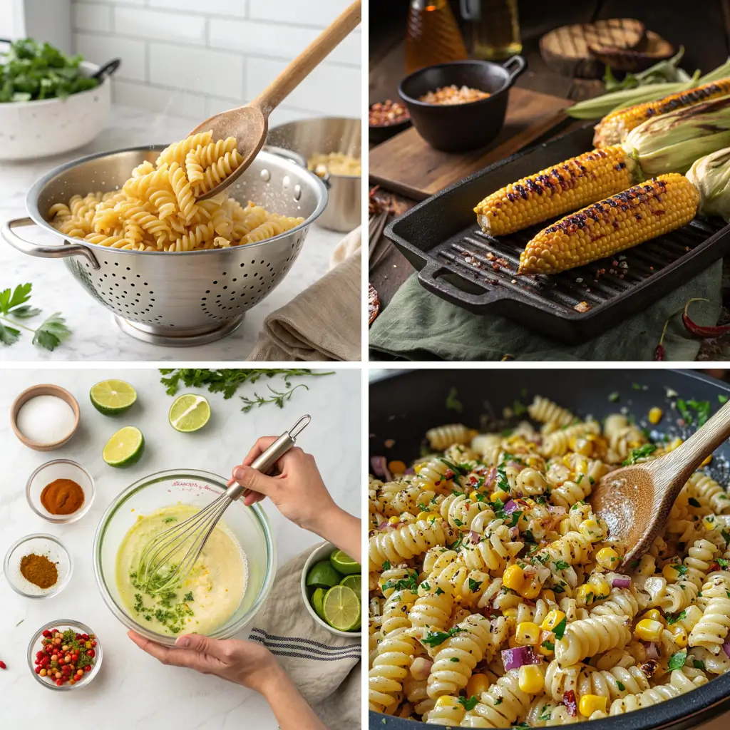 Mexican street corn pasta salad with rotini, grilled corn, fresh lime dressing, and herbs, prepared step-by-step.