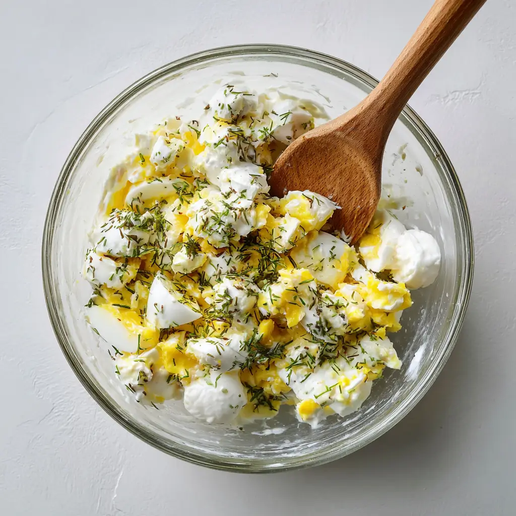 mixing high protein egg salad in a glass bowl with herbs