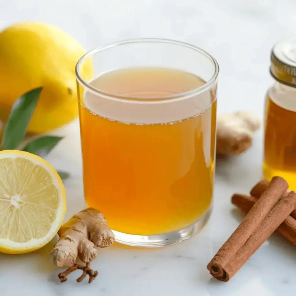 Natural Zepbound recipe ingredients - apple cider vinegar, lemon, ginger, and cinnamon arranged around a glass of the finished drink