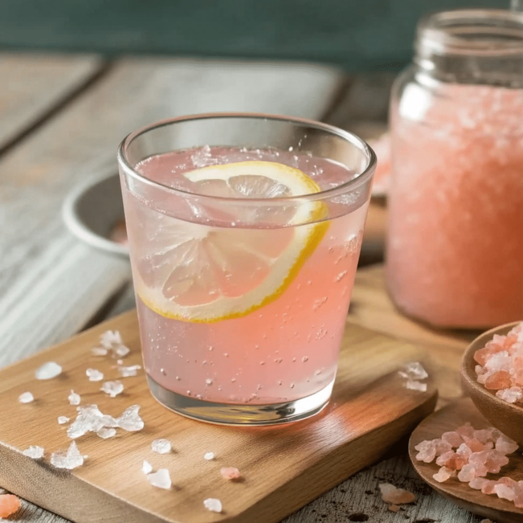 A refreshing glass of pink salt lemonade with a lemon slice, surrounded by Himalayan pink salt crystals—natural detox and hydration drink for weight loss.