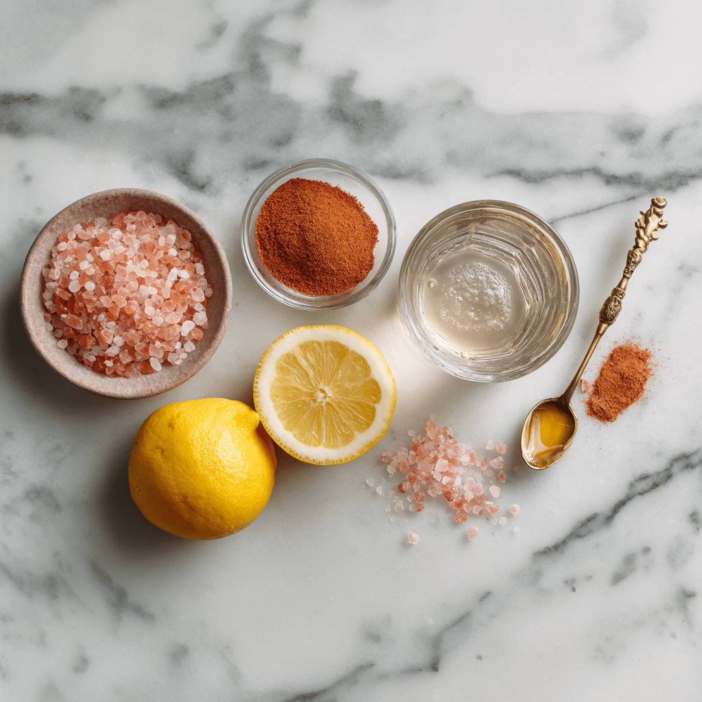 Ingredients for pink salt trick recipe including pink salt and lemon