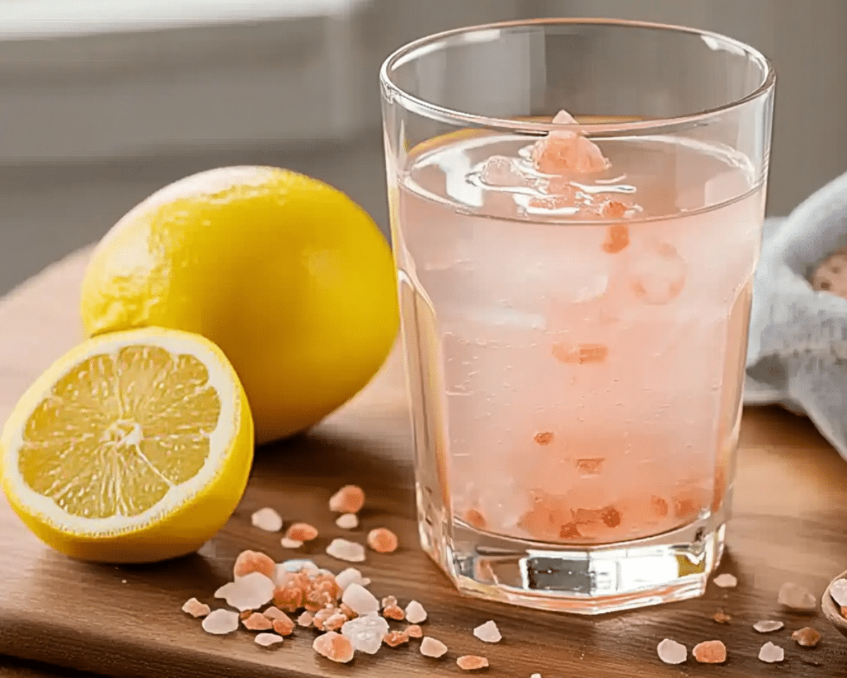 A glass of pink Himalayan salt water with lemon, showcasing the Pink Salt Trick Recipe for hydration and detox.
